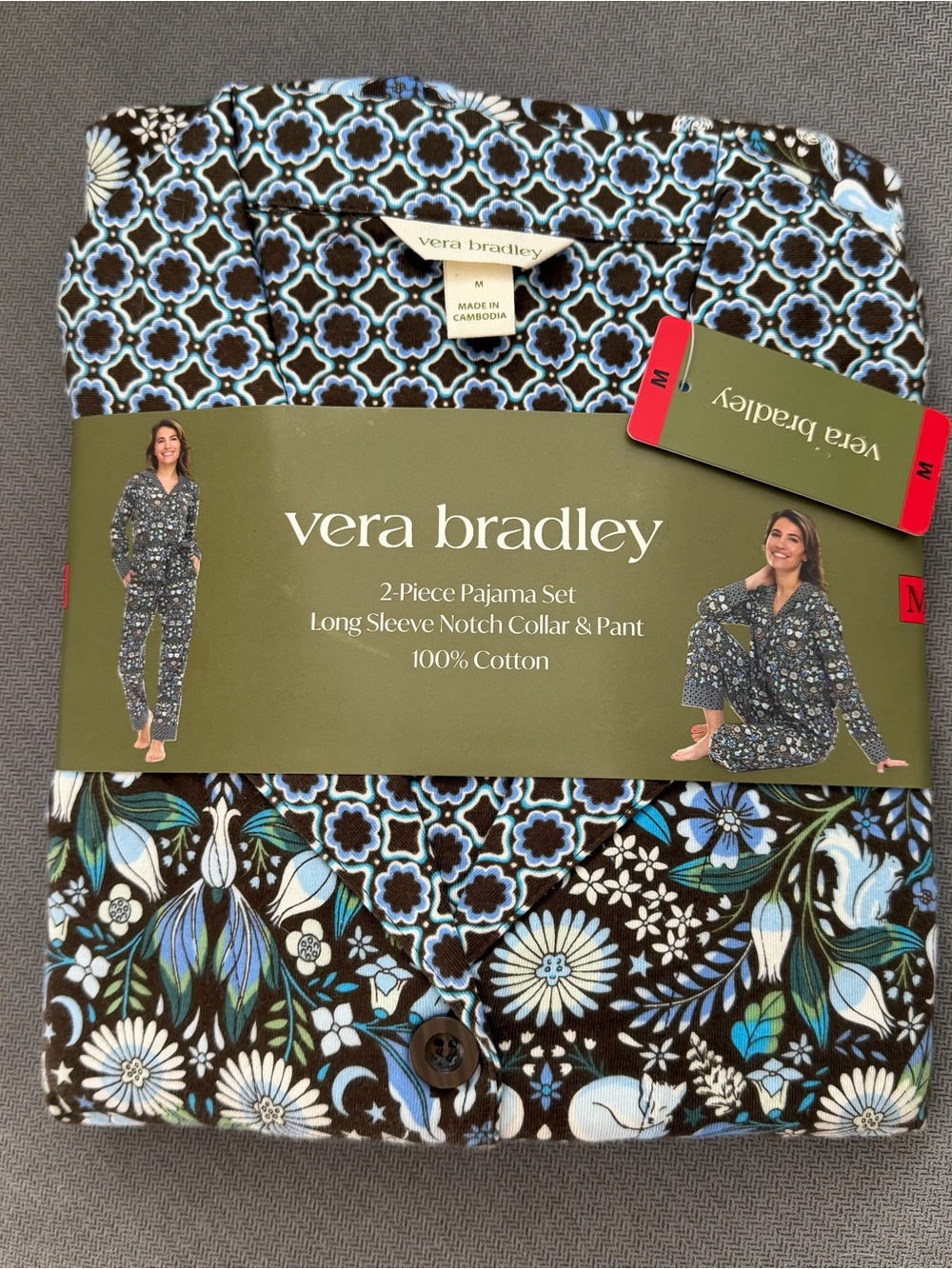 Vera Bradley Black Floral Cotton Pajama Set with Blue & White Accents